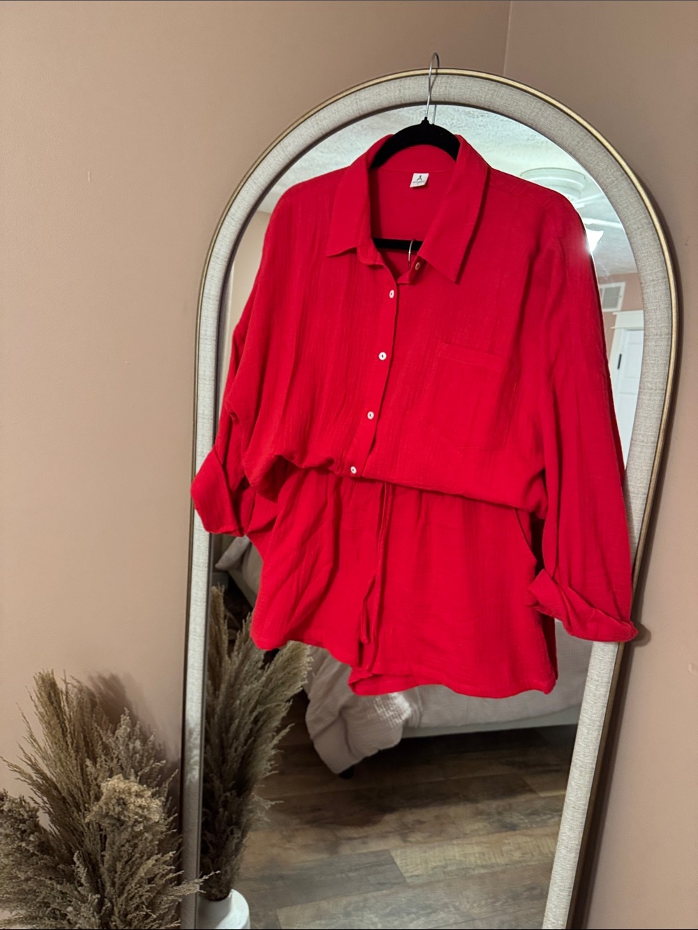 Classic Red Button-Front Women’s Shirt and Short Set